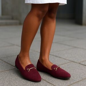 Cato | Solid Metal Bar Flats Wine Faux Suede New No Box